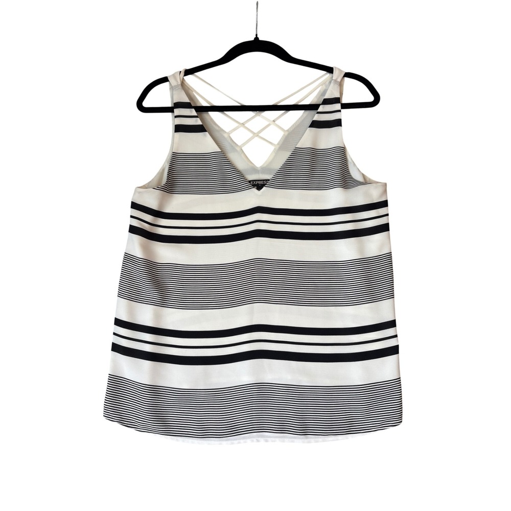 Express Tank Top Women White Black Striped Strappy Criss Cross SIZE Medium